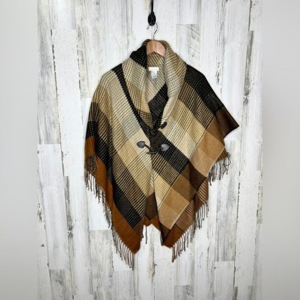 Collection Eighteen Women's Plaid Cape Sweater Tassel Trim Brown